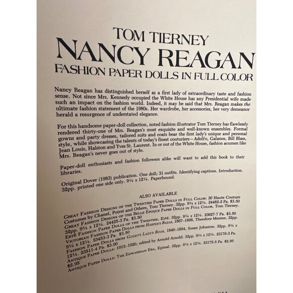 Nancy Reagan Fashion Paper Dolls In Full Color By Tom Tierney 1983 - Picture 3 of 8